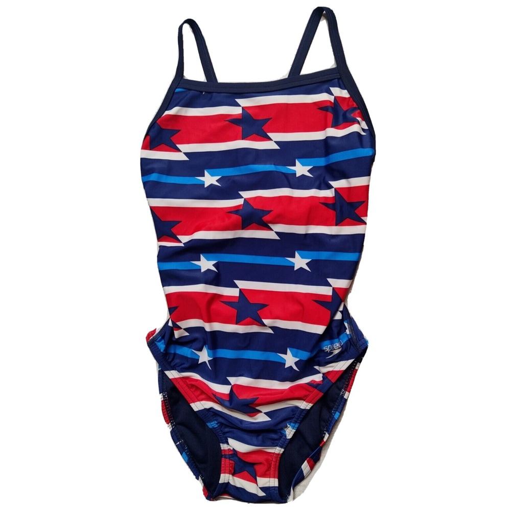 SPEEDO Women 10/36 RAD WHITE & BLUE USA Prolt Flyback One Piece Swimsuit NEW